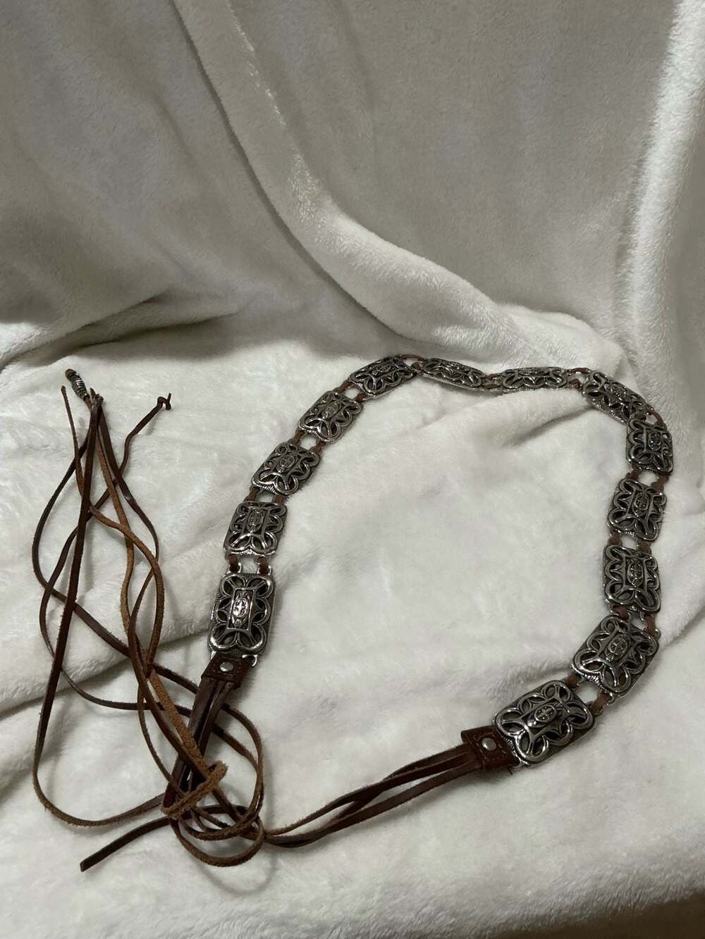 Vintage Brighton Ornate Filigree Concho Brown Leather Link Belt with Tassels
